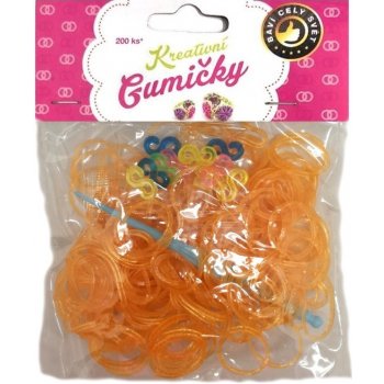 Loom Bands pletací gumičky oranžové se třpytkami 200ks + háček