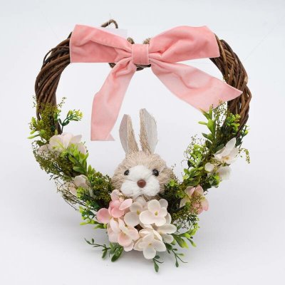 DECOLED Velikonoční věnec ve tvaru srdce, prům. 28x8x28 cm, proutí, květy a zajíc – Sleviste.cz