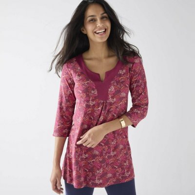 Tunika s ozdobným výstřihem a 3/4 rukávy, s potiskem švestková/růžová – Zboží Mobilmania