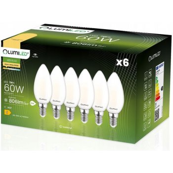 Lumiled 6x LED žárovka E14 svíčka 7W = 60W 806lm 3000K Teplá bílá 360° Filament