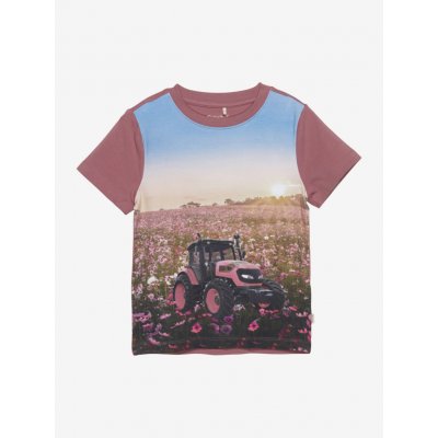 Minymo Dívčí tričko s krátkým rukávem Tmavě růžový traktor na louce – Zboží Mobilmania