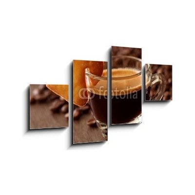 Obraz 4D čtyřdílný - 100 x 60 cm - Espresso coffee with cake on brown background Espresso káva s koláčem na hnědém pozadí – Zboží Mobilmania
