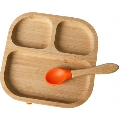 beUnik Dětský bambusový talířek s lžičkou 18 cm oranžová – Zboží Mobilmania