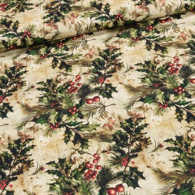 Směsové plátno vánoční 513032 5803 DIGITÁLNÍ TISK, mahonka na béžové, zelená, š.140cm (látka v metráži) – Zboží Dáma