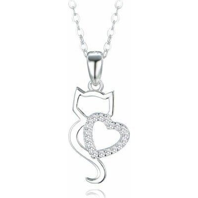 MINET Stříbrný náhrdelník Kočka se srdíčkem a bílými zirkony (Ag 925/1000, 2,7 g) – Hledejceny.cz