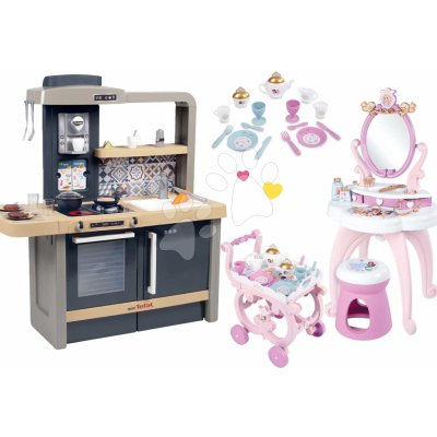 Smoby Set kuchyňka elektronická s nastavitelnou výškou Tefal Evolutive New Kitchen a kosmetický stolek Princezny se servírovacím vozíkem