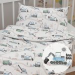 Biante dětské povlečení Sandra SA 687 Modro zelená auta a bagry na bílém 90 x 120 cm 40 x 60 cm – Sleviste.cz