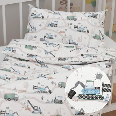Biante dětské povlečení Sandra SA 687 Modro zelená auta a bagry na bílém 90 x 120 cm 40 x 60 cm – Sleviste.cz
