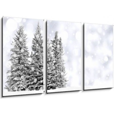 Obraz 3D třídílný - 90 x 50 cm - Snowy trees with twinkling silver background and snowflakes Zasněžené stromy s blikajícím stříbrným pozadím a sněhové vločky – Zboží Mobilmania