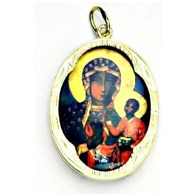 Čištín Zlatý přívěšek medailon porcelánová Black Madona Čenstochova bílé i žluté zlato P 158 – Zboží Mobilmania