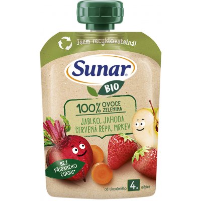 Sunar BIO ovocno-zeleninová kapsička Jablko, jahoda, červená řepa, mrkev 100g – Sleviste.cz