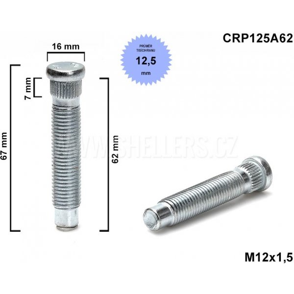 Kolové šrouby a matice Kolový svorník - šteft M12x1,5x62 tisícihran průměr 12,50mm, CRP125A62 OPEL