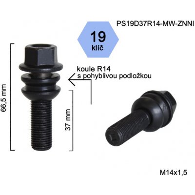 Kolový šroub M14x1,5x37 kulový R14 pohyblivá plocha, černý, PS19D37R14-MW-BLACK klíč 19, výška 66,5 – Zbozi.Blesk.cz