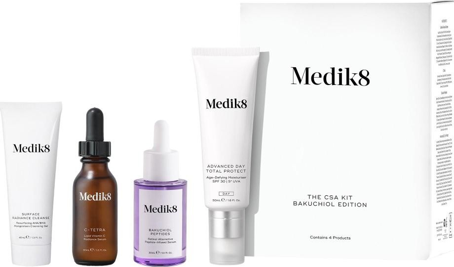 Medik8 The CSA Kit protivráskové retinolové sérum s peptidy 30 ml + rozjasňující sérum s vitaminem C 30 ml + rozjasňující čisticí gel 40 ml + ochranný denní krém SPF50+ 50 ml dárková