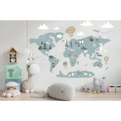 DumDekorace Moderní dětská nálepka na zeď v jemné pastelové barvě mapa světa 80 x 160 cm