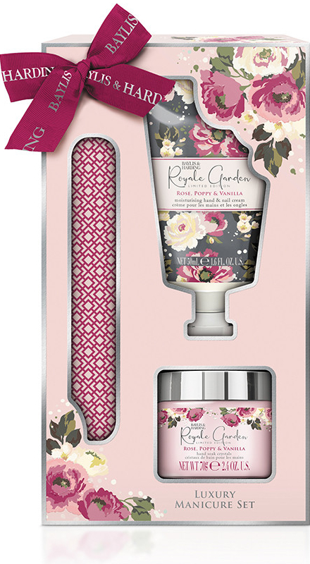 Baylis & Harding Royale Garden Luxury Manicure krém na ruce Royale Garden Rose, Poppy & Vanilla 50 ml + minerální sůl Royale Garden Rose, Poppy & Vanilla 70 g + pilník na nehty dárková