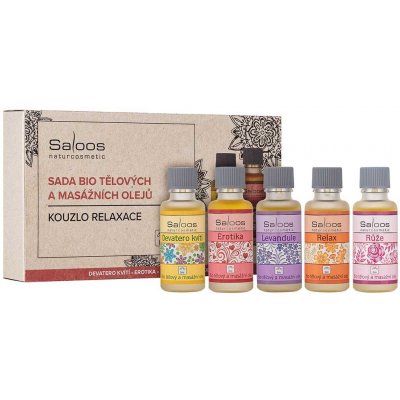 SALOOS Kouzlo relaxace - Bio Oej Erotika 20 ml, Bio Olej Růže 20 ml, Bio Olej Relax 20 ml, Bio Olej Levandule 20 ml, Bio Olej Devatero kvítí 20 ml Dárkové balení