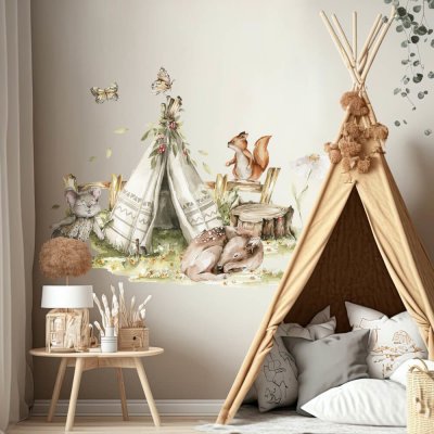 INSPIO Samolepka na zeď Woodland - Teepee stan a lesní zvířátka zvířata, akvarelové samolepky, forest - lesní svět zelená, hnědá, plnobarevný motiv rozměry 90x90 – Hledejceny.cz