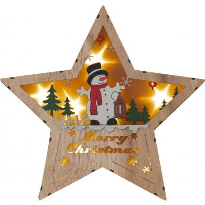 Nexos Dřevěná hvězda s motivem sněhuláka, 8 LED, teplá bílá