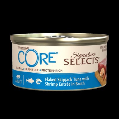 Wellness Core Signature Selects Flaked Skipjack Tuna with Shrimp Entrée in Broth 79 g