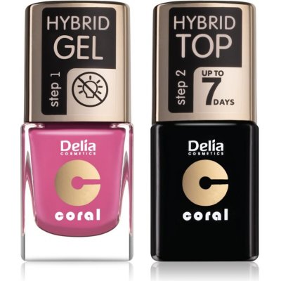 Delia Cosmetics Coral Nail Enamel Hybrid Gel gelový lak na nehty bez užití UV/LED lampy 11 ml + Coral Nail Enamel Hybrid Gel Top Coat gelový lak na nehty bez užití UV/LED lampy 11 ml dárková sada – Zboží Mobilmania