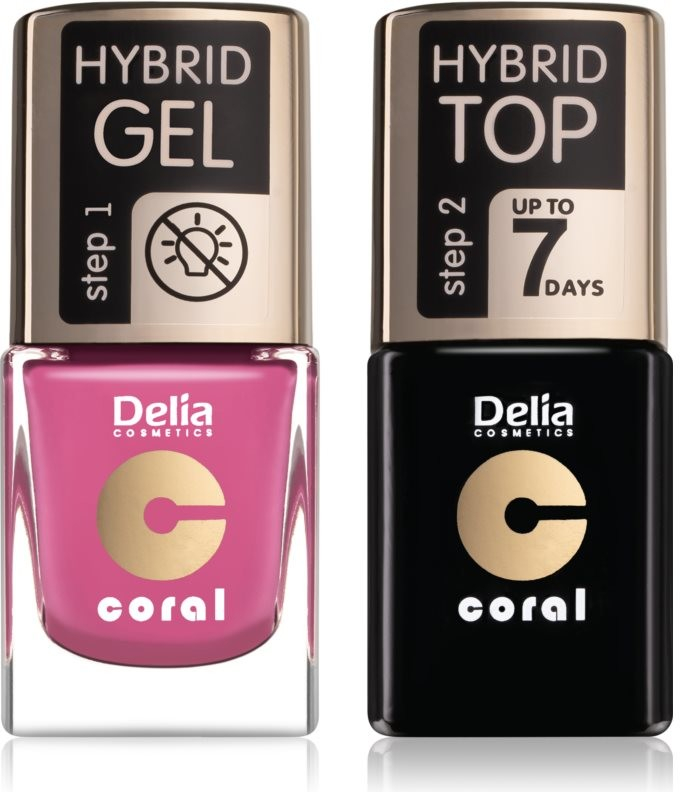 Delia Cosmetics Coral Nail Enamel Hybrid Gel gelový lak na nehty bez užití UV/LED lampy 11 ml + Coral Nail Enamel Hybrid Gel Top Coat gelový lak na nehty bez užití UV/LED lampy 11 ml