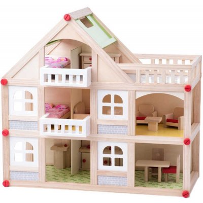 Woody Dřevěný domeček pro panenky dvoupatrový s příslušenstvím – Zboží Dáma