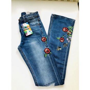 Desigual džínové kalhoty s barevnou květinovou výšivkou světle modré