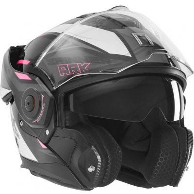 NOX PREMIUM helma výklopná FLIP-BACK (čelist sklopná dozadu) s hledím SPINNER ARK barva černá/bílá/růžová velikost M | Zboží Auto