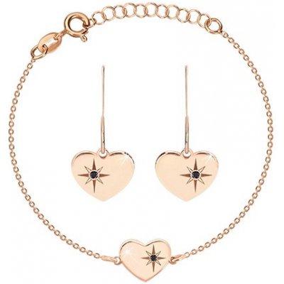 Šperky eshop stříbrný set růžovozlatý odstín náramek a náušnice srdce s Polárkou a diamant R44.26
