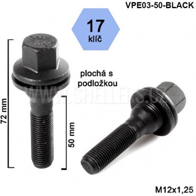 Kolový šroub M12x1,25x50, VPE03-50-BLACK, plochá podložka, CITROËN, FIAT, PEUGEOT, černý, klíč 17, výška 72 mm – Zbozi.Blesk.cz