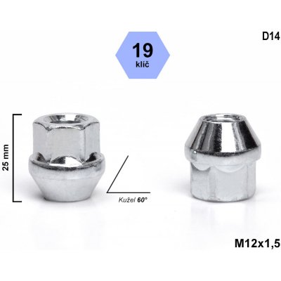 Kolová matice M12x1,5 kužel otevřená, klíč 19, D14 výška 25 mm – Zboží Mobilmania