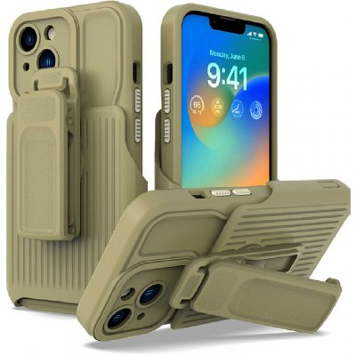 Pouzdro AppleMix Apple iPhone 14 - odolné + držák na opasek - plastové / gumové - khaki zelené – Zboží Mobilmania