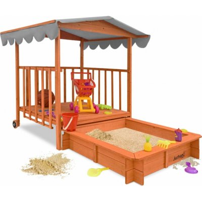 Jurhan Pískoviště s verandou HAPPY 130 x 130 x 143 cm borovicový masiv hnědo šedý 66727S – Hledejceny.cz