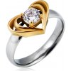 Prsteny Šperky eshop Stříbrný ocelový prsten se zlatým dvojitým srdcem čirý zirkon L12.10
