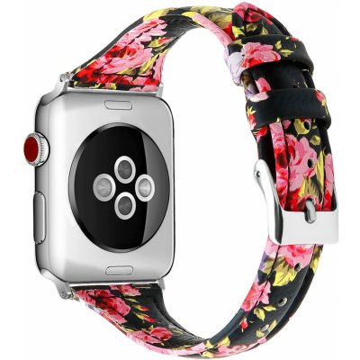 eses Kožený úzký řemínek pro Apple Watch - Květinový, černo růžový 38mm, 40mm, 41mm