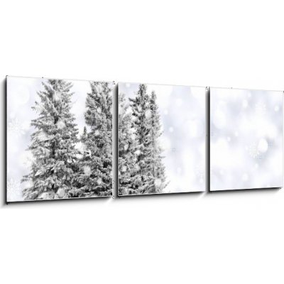 Obraz 3D třídílný - 150 x 50 cm - Snowy trees with twinkling silver background and snowflakes Zasněžené stromy s blikajícím stříbrným pozadím a sněhové vločky – Zboží Mobilmania