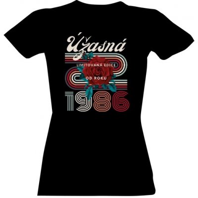 Tričko s potiskem Úžasná limitovaná edice od roku 1986 s růží dámské Černá – Zboží Mobilmania