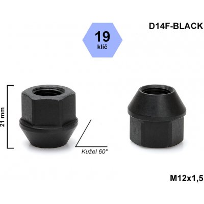 Kolová matice M12x1,5 kuželová otevřená, černá, klíč 19, D14F-BLACK výška 21 mm
