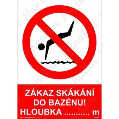 Zákaz skákání do bazénu hloubka m, plast 297 x 420 x 0,5 mm A3