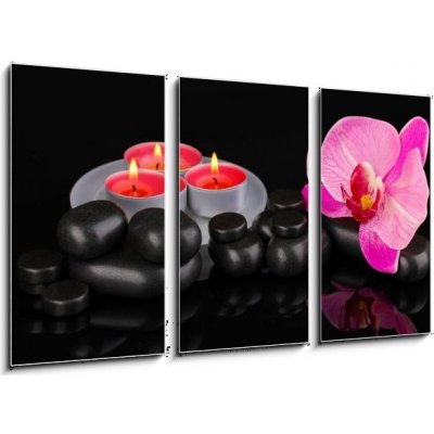 Obraz 3D třídílný - 90 x 50 cm - Spa stones with orchid flower and candles isolated on black Lázeňské kameny s orchidejovou květinou a svíčky izolované na černém – Zboží Mobilmania