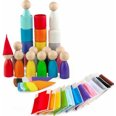 Montessori Ulanik dřevěná hračka "Peg Dolls with Hats Beds and Cups" – Zbozi.Blesk.cz