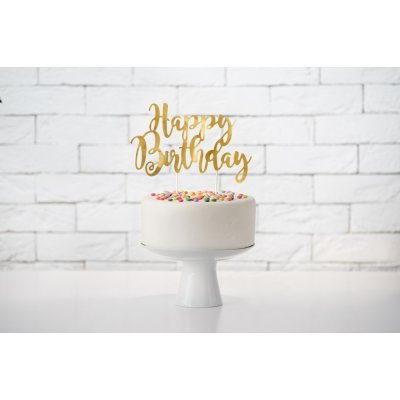 PartyDeco Ozdoba na tortu Happy Birthday zlatá