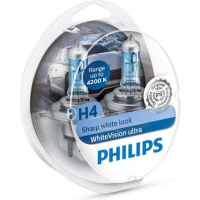 Philips WhiteVision ultra H4 12V 60/55W P43t 2ks + 2 ks žárovek T10