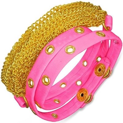Šperky eshop kožený růžový pás s kováním zlaté řetízky AB21.13 – Zboží Mobilmania