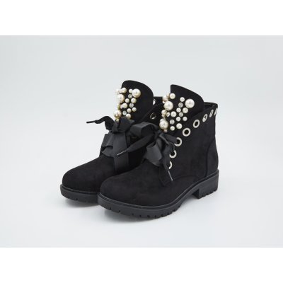 ideal shoes dámské kotníkové boty Clea s mašlí a kamínky semišové černé – Zboží Mobilmania
