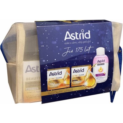 Astrid Beauty Elixir hydratační denní krém proti vráskám s UV filtry 50 ml + vyživující noční krém proti vráskám 50 ml + Aqua Biotic dvoufázový odličovač očí a rtů 125 ml + etue dárková sada