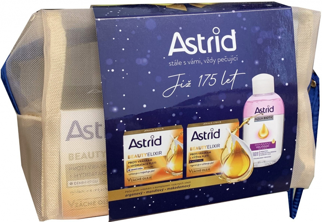 Astrid Beauty Elixir hydratační denní krém proti vráskám s UV filtry 50 ml + vyživující noční krém proti vráskám 50 ml + Aqua Biotic dvoufázový odličovač očí a rtů 125 ml + etue dárková