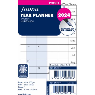 Filofax Roční plánovací Aj horizontální náplň kapesních diářů formát A7 2024