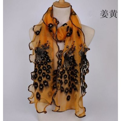 Fashionstyle luxusní Šátek v Čínském stylu s krajkovým obšíváním vzor Páva oranžovo žluto černá – Zbozi.Blesk.cz